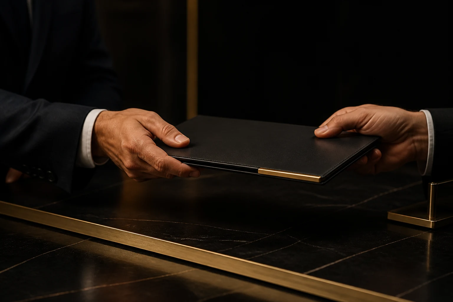 Duas pessoas formalizando uma parceria sobre uma mesa de trabalho