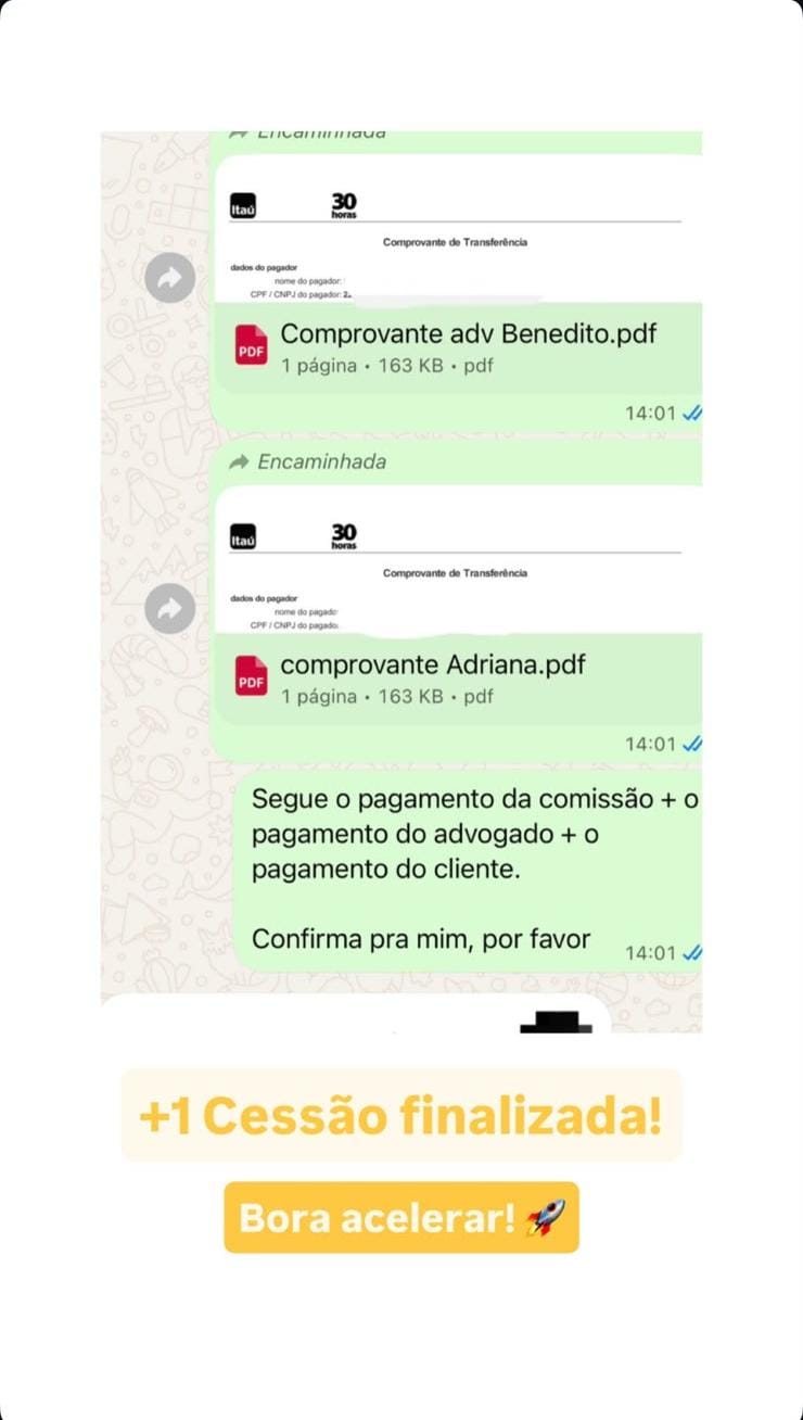Comprovantes de pagamentos de cessão finalizada, com dados pessoais preservados
