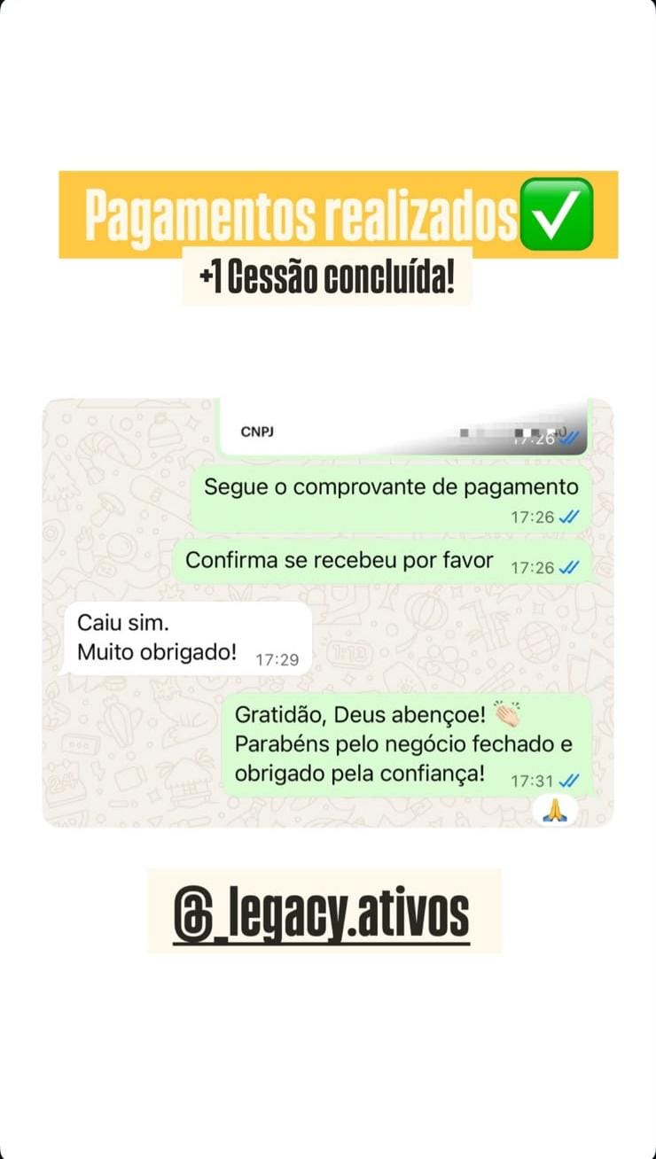 Conversa com confirmação de recebimento do pagamento, com dados pessoais preservados