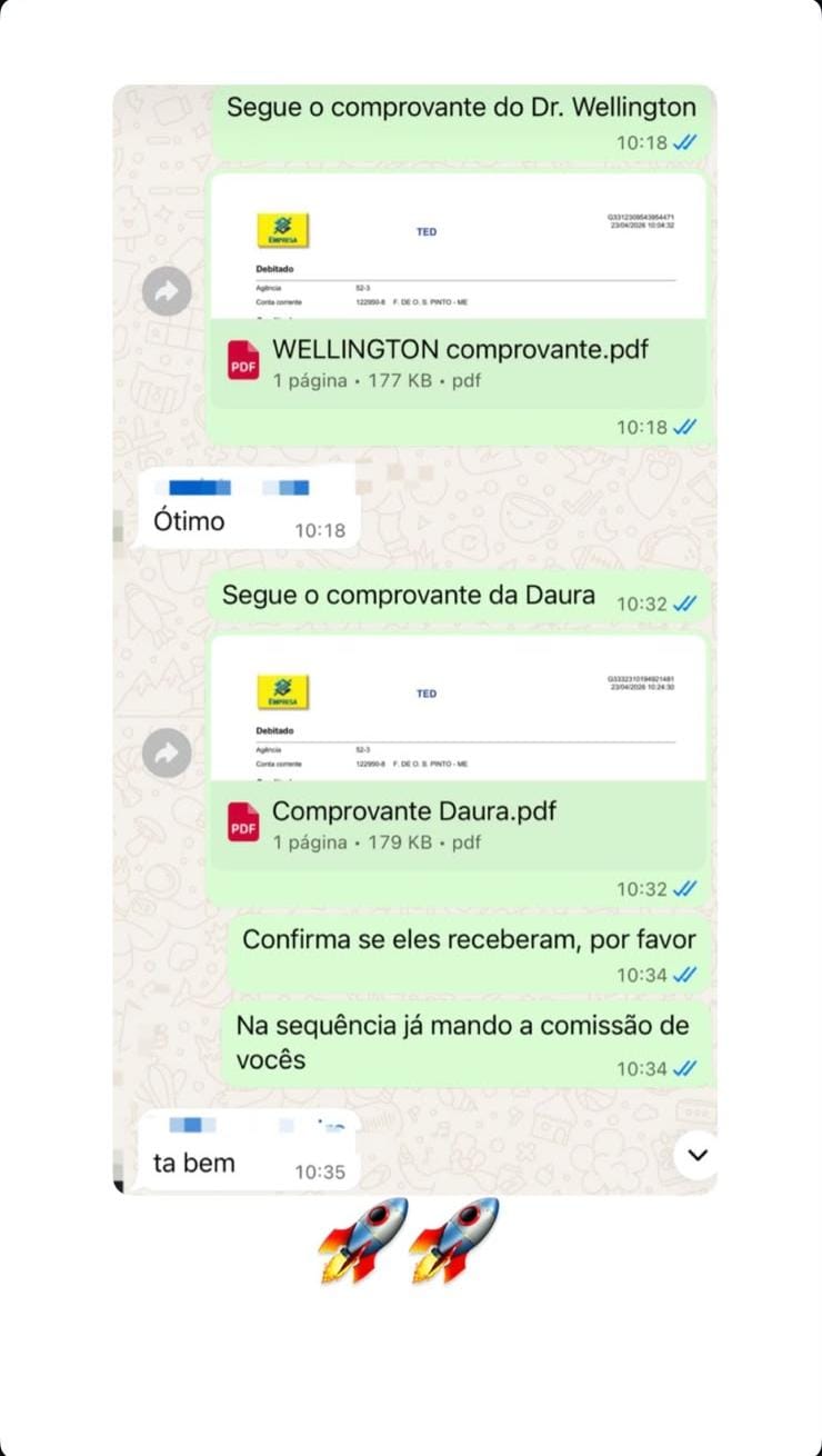 Comprovantes enviados para confirmação de clientes e parceiro, com dados pessoais preservados